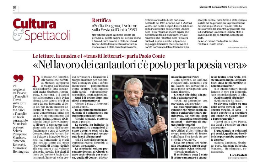 Corriere della Sera. Paolo Conte al Circolo dei Lettori a cura di Manuela Furnari. Transiti letterari nella poesia per musica.