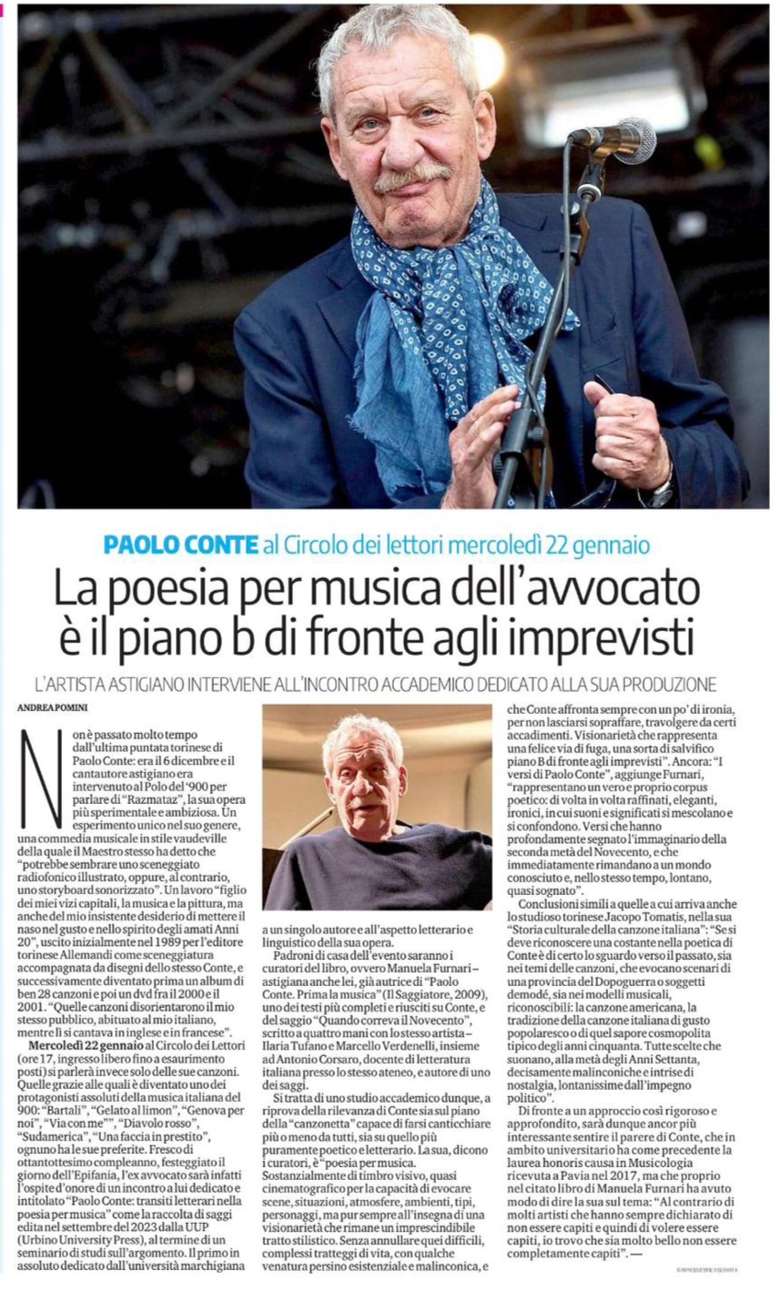 La Stampa. Paolo Conte circolo dei Lettori Torino. Dialoga Manuela Furnari.